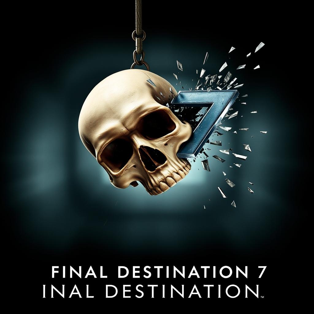 A movie poster for 'Final Destination 7', featuring a skull falling into a void with a dramatic angle, showing the skull facing front