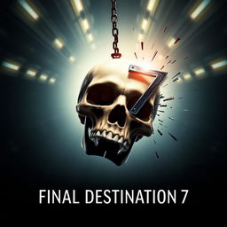 A movie poster for 'Final Destination 7', featuring a skull falling into a void with a dramatic angle, showing the skull facing front