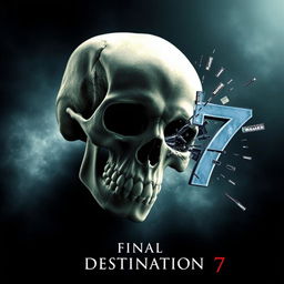 A dramatic movie poster for 'Final Destination 7', featuring a skull falling into an abyss