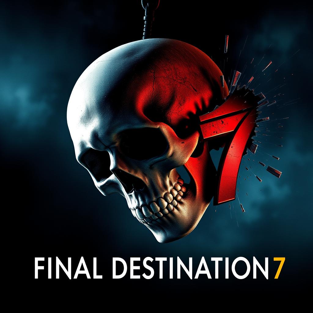 A dramatic movie poster for 'Final Destination 7', featuring a skull falling into an abyss