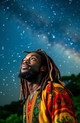 A Rastafarian man named Armah Dih, with vibrant dreadlocks and wearing colorful traditional Rastafarian clothing, gazes thoughtfully into the night sky filled with a brilliant Milky Way