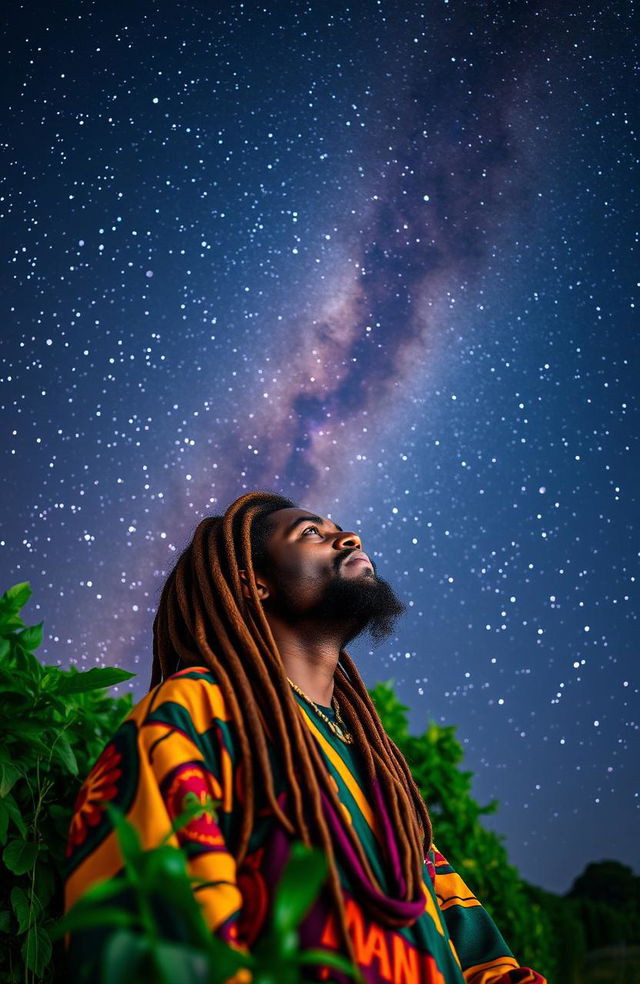 A Rastafarian man named Armah Dih, with vibrant dreadlocks and wearing colorful traditional Rastafarian clothing, gazes thoughtfully into the night sky filled with a brilliant Milky Way