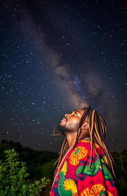 A Rastafarian man named Armah Dih, with vibrant dreadlocks and wearing colorful traditional Rastafarian clothing, gazes thoughtfully into the night sky filled with a brilliant Milky Way