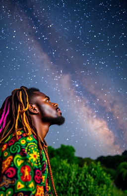 A Rastafarian man named Armah Dih, with vibrant dreadlocks and wearing colorful traditional Rastafarian clothing, gazes thoughtfully into the night sky filled with a brilliant Milky Way