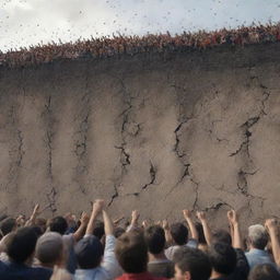 Generate an image of a cracked boundary wall with an overwhelming horde of people (Gog and Magog) pouring out, creating a sense of impending chaos and conflict.