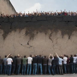 Generate an image of a cracked boundary wall with an overwhelming horde of people (Gog and Magog) pouring out, creating a sense of impending chaos and conflict.