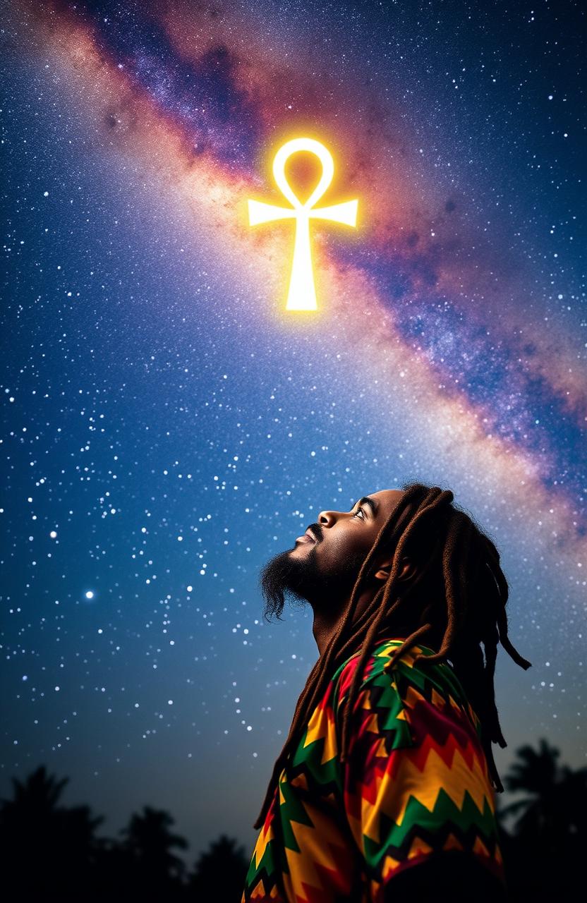 A Rastafarian man with dreadlocks wearing vibrant, colorful clothing, gazing up in awe at the vast Milky Way galaxy filled with stars and cosmic dust