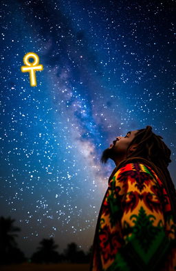 A Rastafarian man with dreadlocks wearing vibrant, colorful clothing, gazing up in awe at the vast Milky Way galaxy filled with stars and cosmic dust