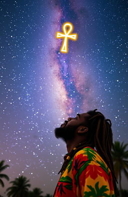 A Rastafarian man with dreadlocks wearing vibrant, colorful clothing, gazing up in awe at the vast Milky Way galaxy filled with stars and cosmic dust