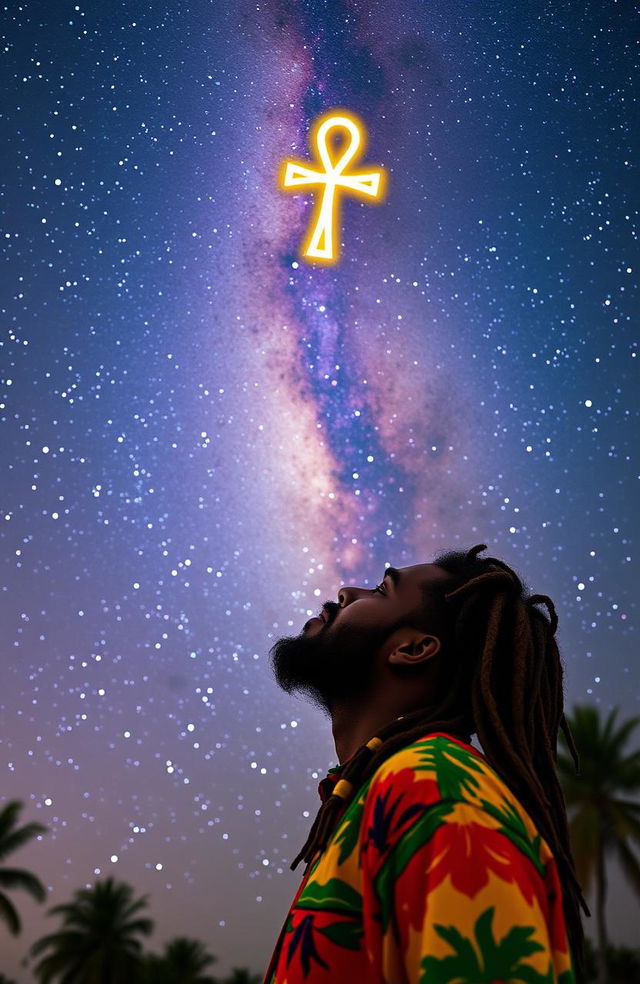 A Rastafarian man with dreadlocks wearing vibrant, colorful clothing, gazing up in awe at the vast Milky Way galaxy filled with stars and cosmic dust