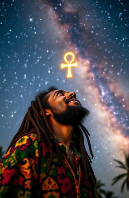 A Rastafarian man with dreadlocks wearing vibrant, colorful clothing, gazing up in awe at the vast Milky Way galaxy filled with stars and cosmic dust