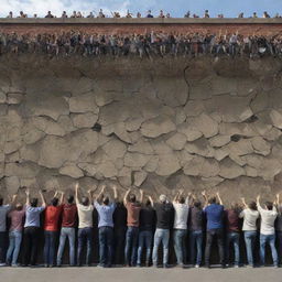 Generate an image of a cracked boundary wall with an overwhelming horde of people (Gog and Magog) pouring out, creating a sense of impending chaos and conflict.