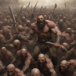 Generate an image of the horde from Gog and Magog attacking the people, perhaps with makeshift weapons or their bare hands, creating a sense of panic and adversity.