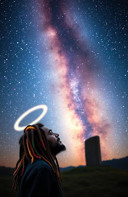 A Rastafarian man with vibrant dreadlocks and a peaceful expression gazes at the magnificent Milky Way galaxy, which elegantly stretches across the night sky filled with countless stars