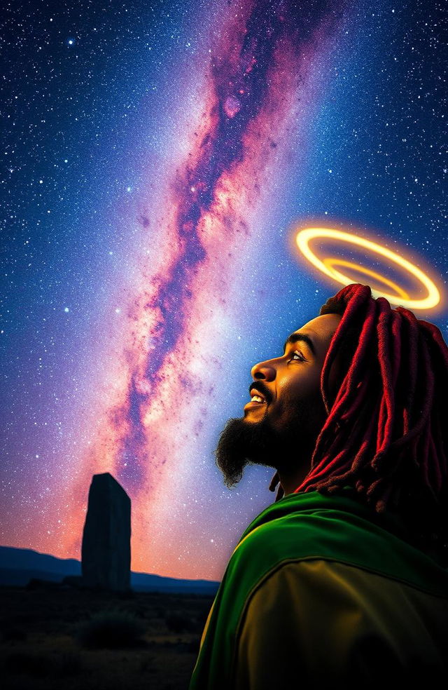 A Rastafarian man with vibrant dreadlocks and a peaceful expression gazes at the magnificent Milky Way galaxy, which elegantly stretches across the night sky filled with countless stars