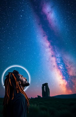 A Rastafarian man with vibrant dreadlocks and a peaceful expression gazes at the magnificent Milky Way galaxy, which elegantly stretches across the night sky filled with countless stars