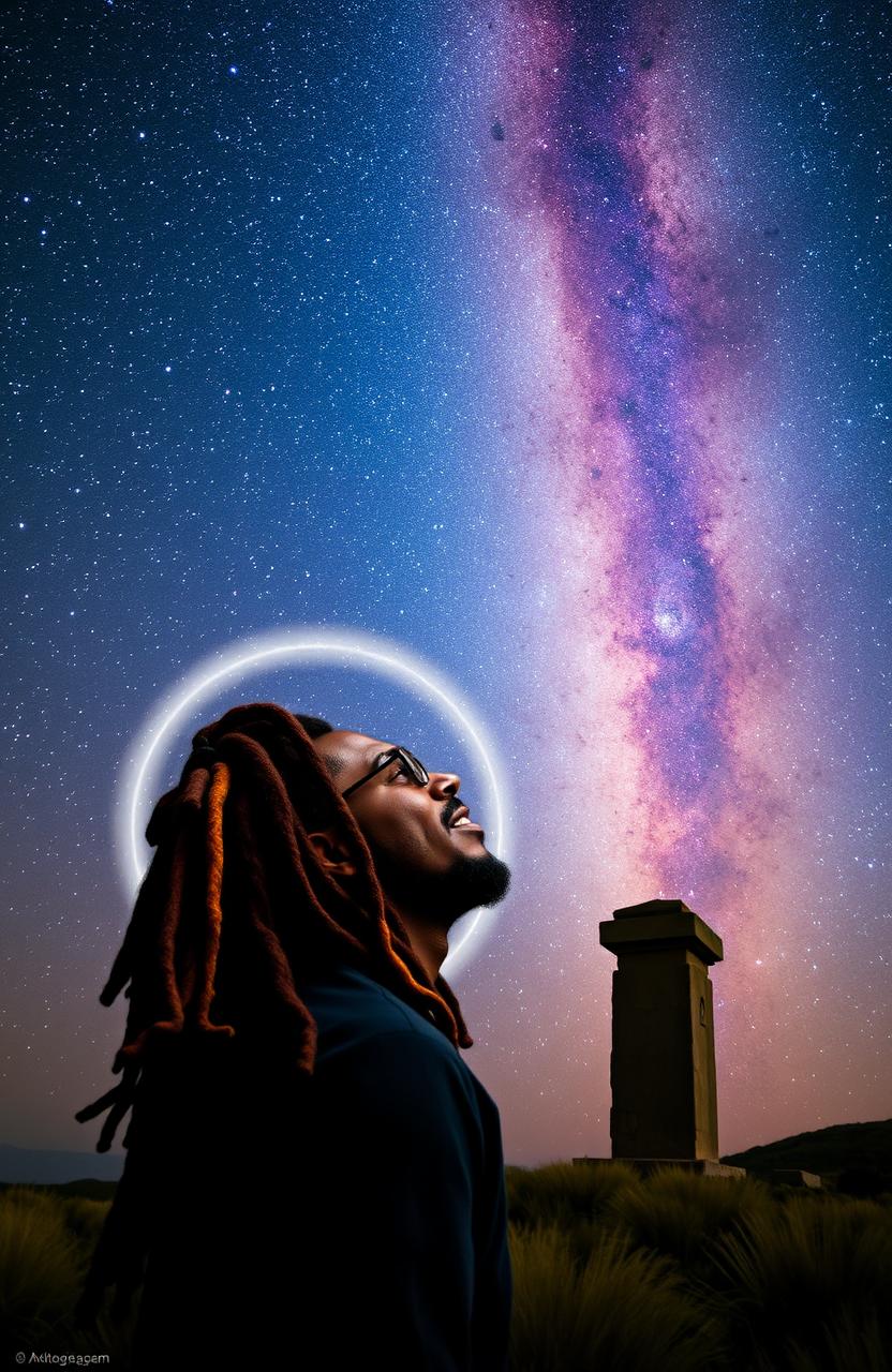 A Rastafarian man with vibrant dreadlocks and a peaceful expression gazes at the magnificent Milky Way galaxy, which elegantly stretches across the night sky filled with countless stars