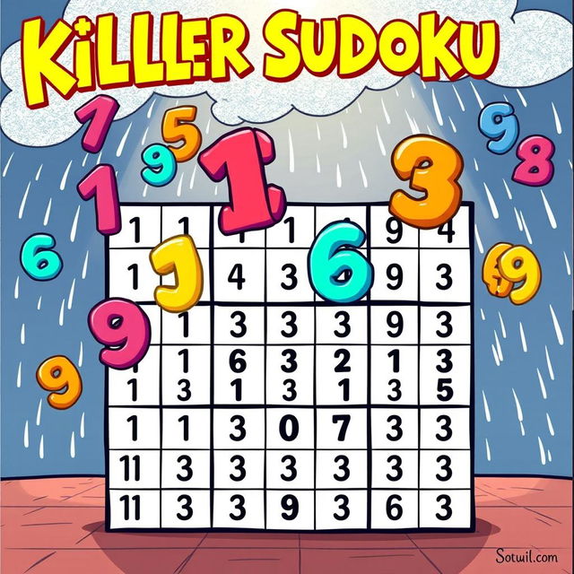 An imaginative illustration of a killer Sudoku puzzle, featuring a grid prominently in the foreground with some of the numbers already placed