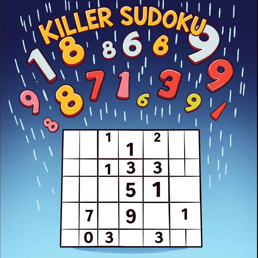 An imaginative illustration of a killer Sudoku puzzle, featuring a grid prominently in the foreground with some of the numbers already placed