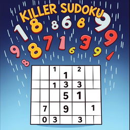 An imaginative illustration of a killer Sudoku puzzle, featuring a grid prominently in the foreground with some of the numbers already placed