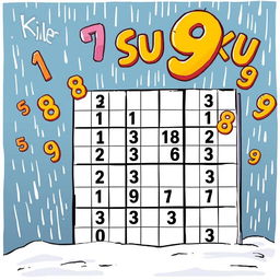 An imaginative illustration of a killer Sudoku puzzle, featuring a grid prominently in the foreground with some of the numbers already placed