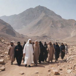 Generate an image of a diverse group of Muslims ascending Mount Sinai as a refuge, with a sense of unity and determination in the face of adversity.