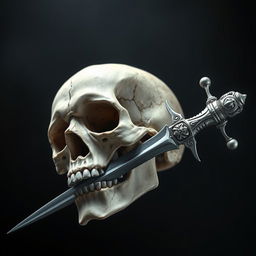 A striking image of a skull being pierced by a sharp sword, set against a dark, atmospheric background