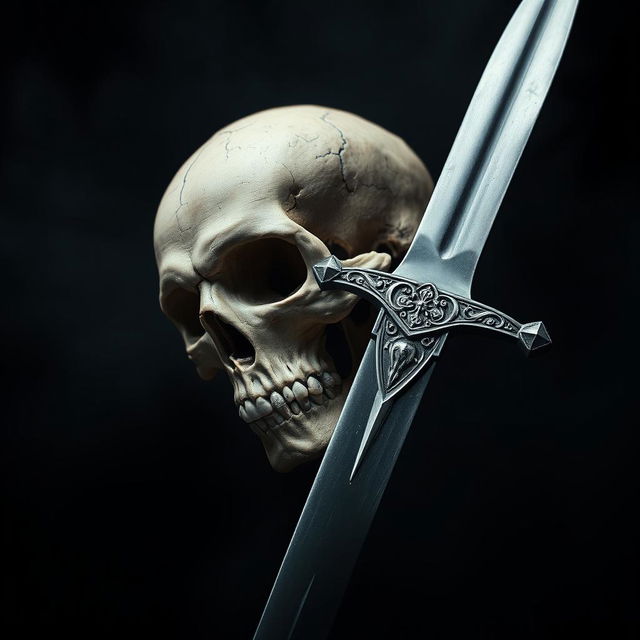 A striking image of a skull being pierced by a sharp sword, set against a dark, atmospheric background