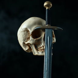 A striking image of a skull being pierced by a sharp sword, set against a dark, atmospheric background