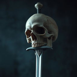 A striking image of a skull being pierced by a sharp sword, set against a dark, atmospheric background