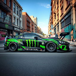 A vibrant street scene featuring a racing car inspired by Monster Energy designs, showcasing the iconic green and black color scheme with bold graphics and logos