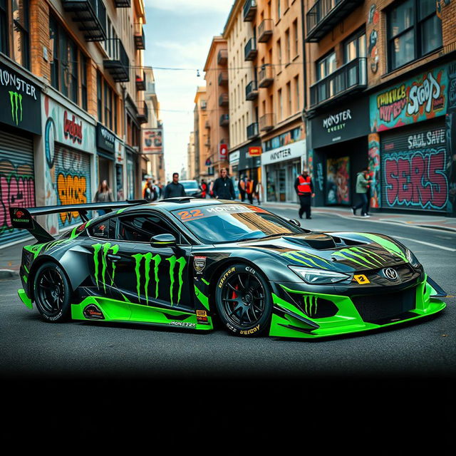 A vibrant street scene featuring a racing car inspired by Monster Energy designs, showcasing the iconic green and black color scheme with bold graphics and logos