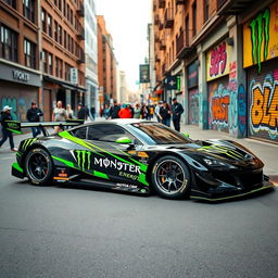 A vibrant street scene featuring a racing car inspired by Monster Energy designs, showcasing the iconic green and black color scheme with bold graphics and logos