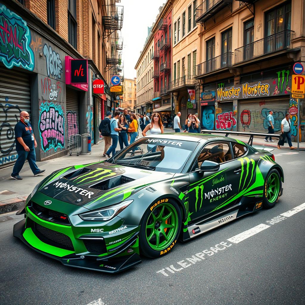 A vibrant street scene featuring a racing car inspired by Monster Energy designs, showcasing the iconic green and black color scheme with bold graphics and logos