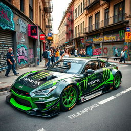 A vibrant street scene featuring a racing car inspired by Monster Energy designs, showcasing the iconic green and black color scheme with bold graphics and logos