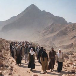 Generate an image of a diverse group of Muslims ascending Mount Sinai as a refuge, with a sense of unity and determination in the face of adversity.