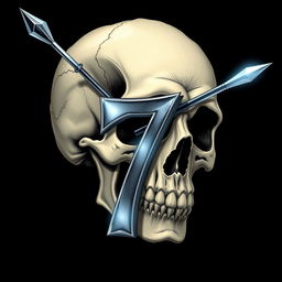 A detailed illustration of a skull being pierced by a sharp number seven (7)