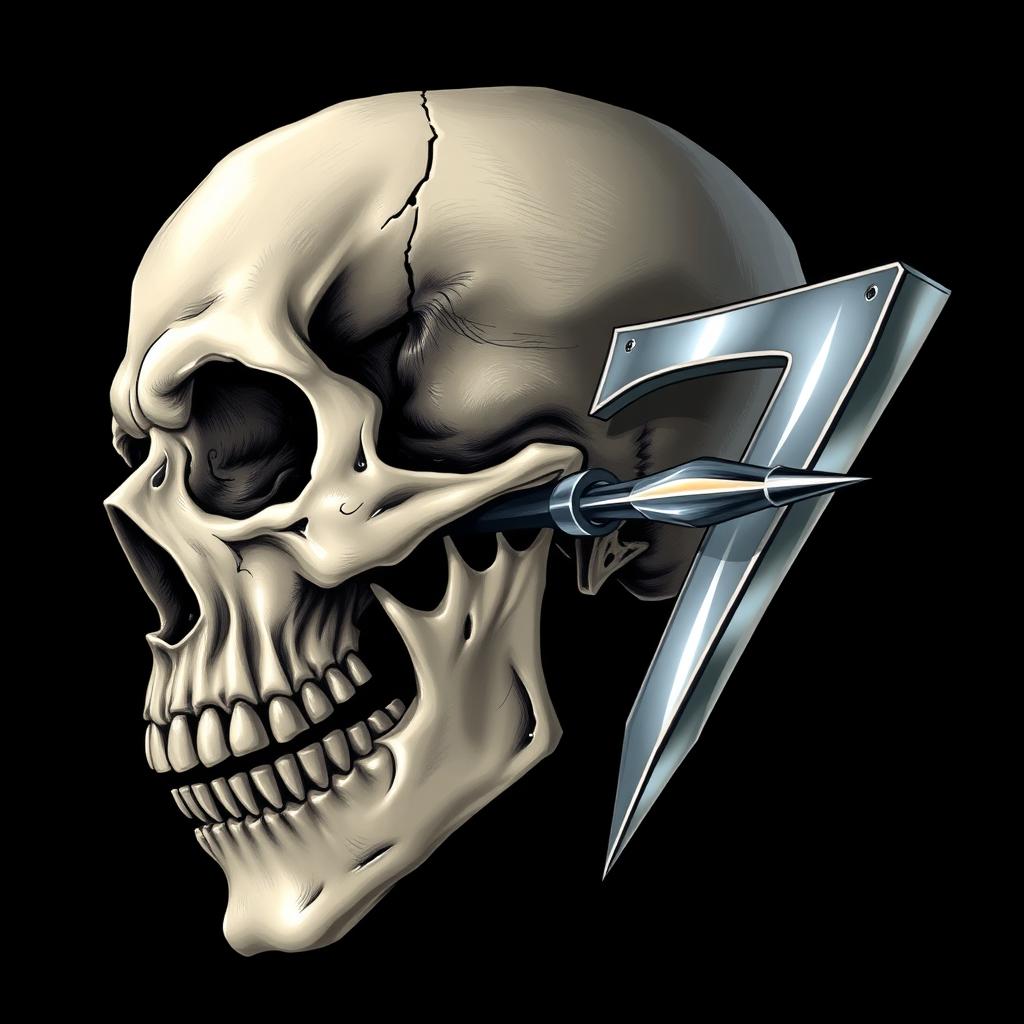 A detailed illustration of a skull being pierced by a sharp number seven (7)