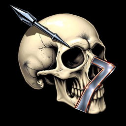 A detailed illustration of a skull being pierced by a sharp number seven (7)
