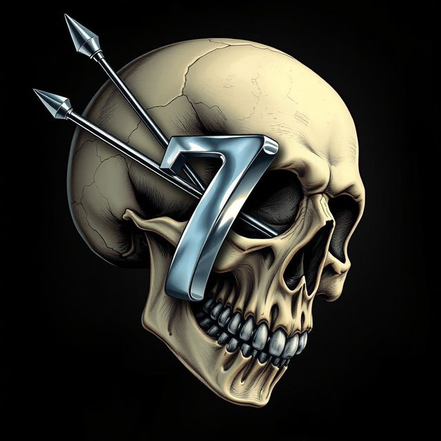 A detailed illustration of a skull being pierced by a sharp number seven (7)