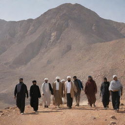 Generate an image of a diverse group of Muslims ascending Mount Sinai as a refuge, with a sense of unity and determination in the face of adversity.