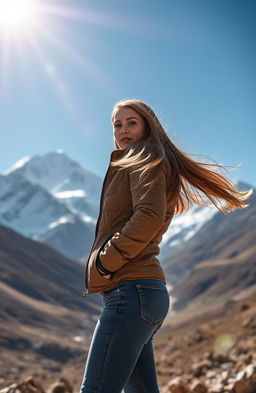 A stunning young woman with long, flowing hair standing majestically in front of Mount Everest, bathed in natural sunlight