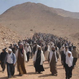 Generate an image of a diverse group of Muslims ascending Mount Sinai as a refuge, with a sense of unity and determination in the face of adversity.