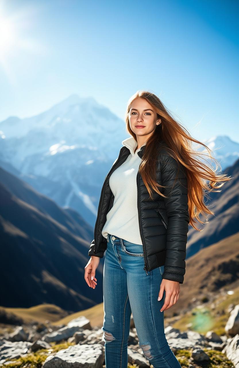 A stunning young woman with long, flowing hair standing majestically in front of Mount Everest, bathed in natural sunlight