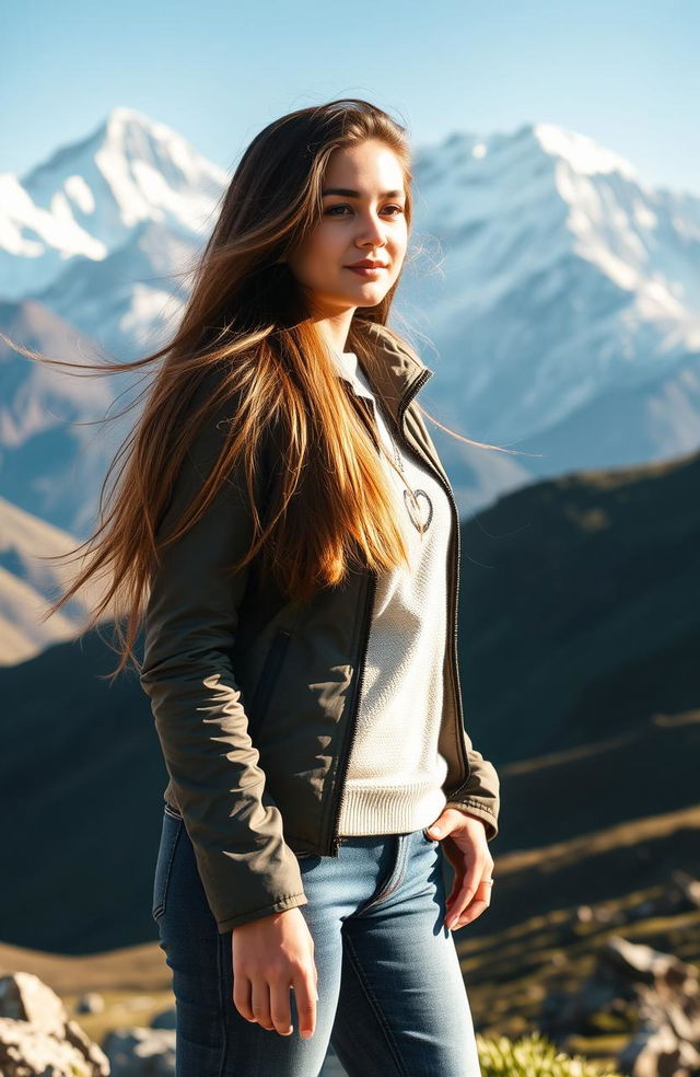 A stunning young woman with long, flowing hair standing majestically in front of Mount Everest, bathed in natural sunlight