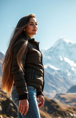 A stunning young woman with long, flowing hair standing majestically in front of Mount Everest, bathed in natural sunlight