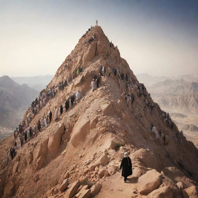 Generate an image portraying a group of Muslims, along with Prophet Isa, climbing Mount Sinai together, symbolizing unity, faith, and perseverance.