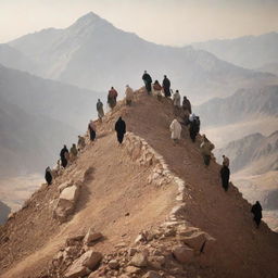 Generate an image portraying a group of Muslims, along with Prophet Isa, climbing Mount Sinai together, symbolizing unity, faith, and perseverance.