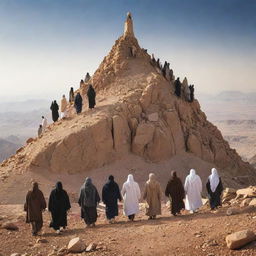 Generate an image portraying a group of Muslims, along with Prophet Isa, climbing Mount Sinai together, symbolizing unity, faith, and perseverance.