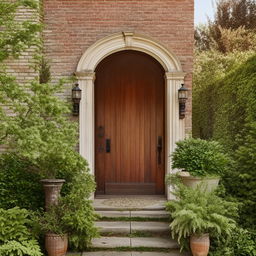 A cozy, welcoming home with a well-kept garden, a brick facade, and a large oak door